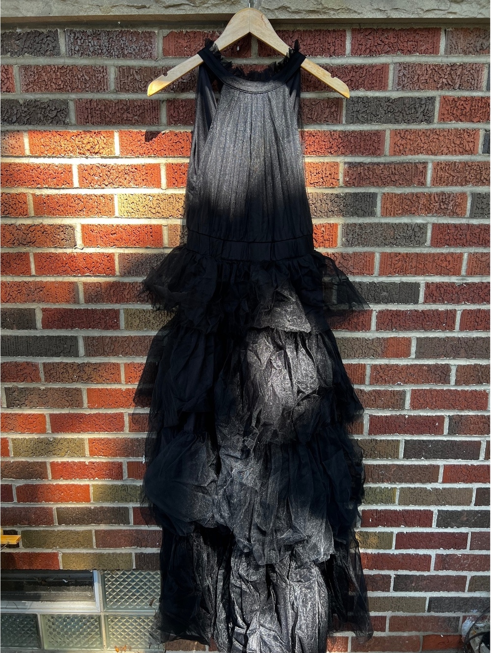 Petal + Pup Black Tulle Halter Sleeveless Ruffle Maxi Ball Gown Dress